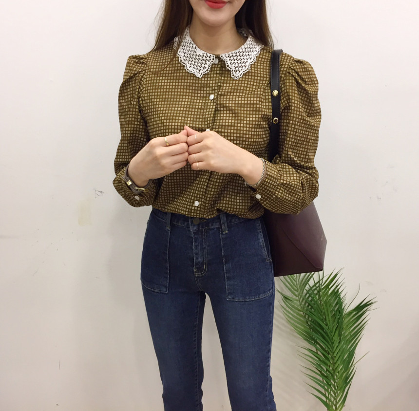 Women Blouses Lace collar check blouse Elegant one