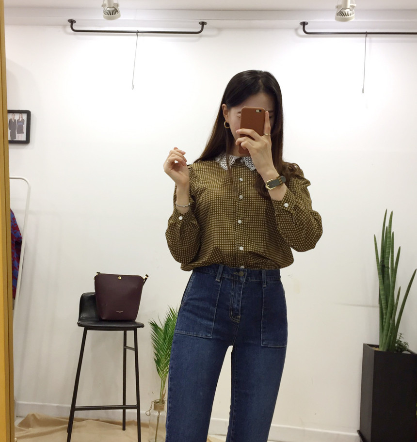 Women Blouses Lace collar check blouse Elegant one