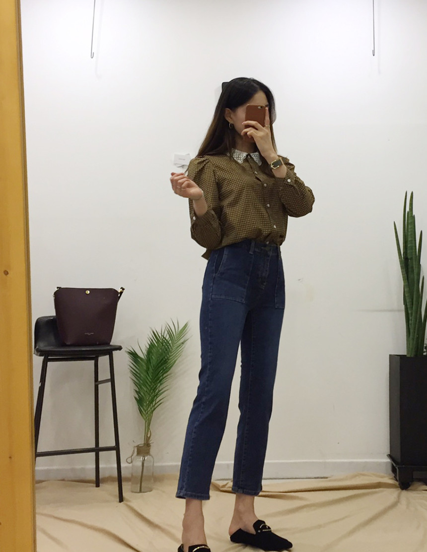 Women Blouses Lace collar check blouse Elegant one