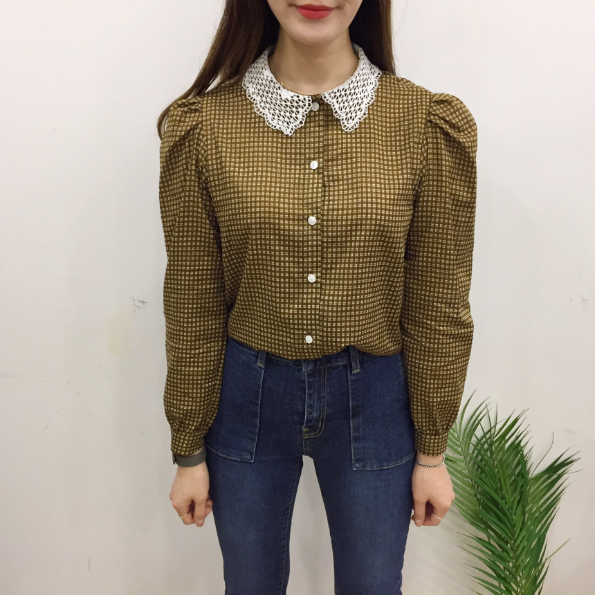Women Blouses Lace collar check blouse Elegant one