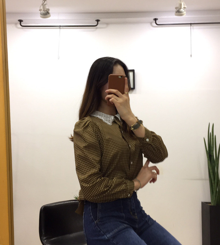 Women Blouses Lace collar check blouse Elegant one