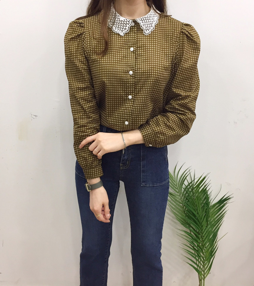 Women Blouses Lace collar check blouse Elegant one