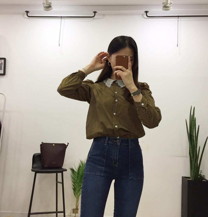 Women Blouses Lace collar check blouse Elegant one