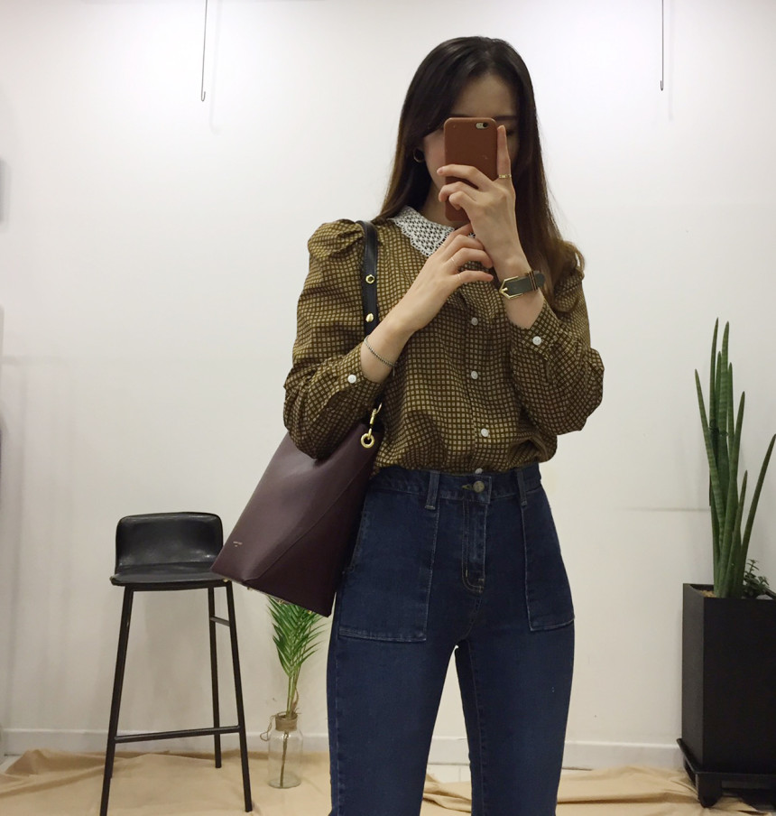 Women Blouses Lace collar check blouse Elegant one