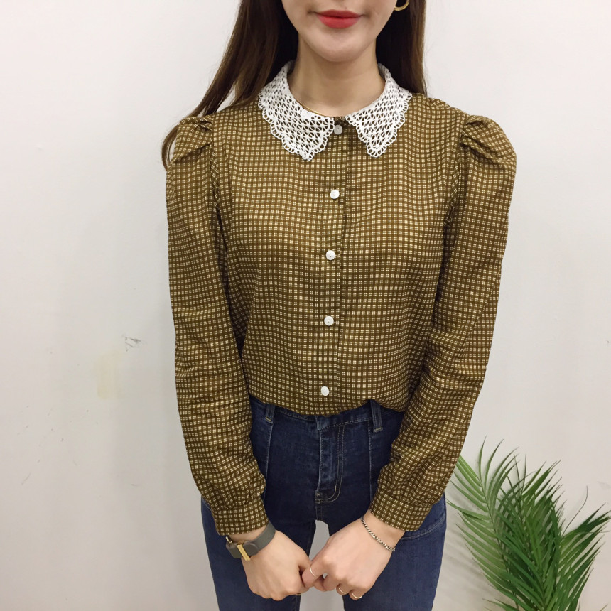 Women Blouses Lace collar check blouse Elegant one