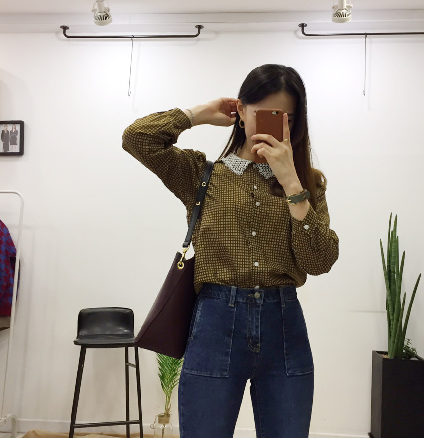 Women Blouses Lace collar check blouse Elegant one