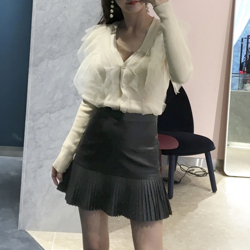 bace Pleat Leather Mini Skirt Autumn Leather Skirt