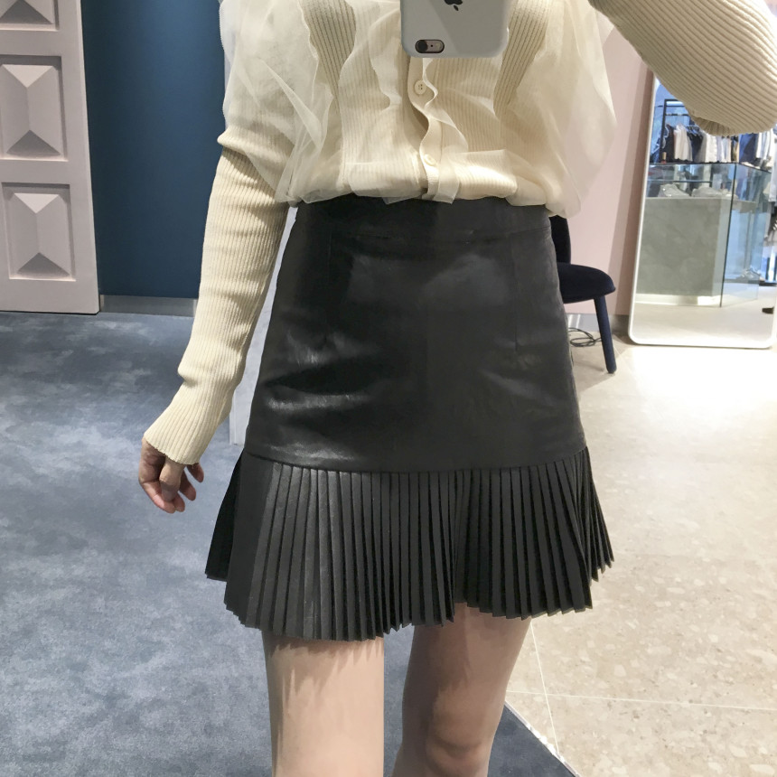 bace Pleat Leather Mini Skirt Autumn Leather Skirt