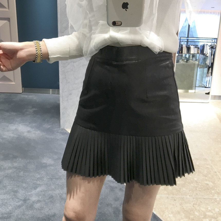 bace Pleat Leather Mini Skirt Autumn Leather Skirt