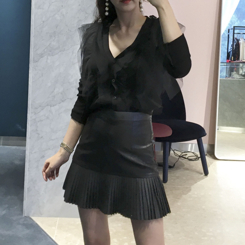 bace Pleat Leather Mini Skirt Autumn Leather Skirt