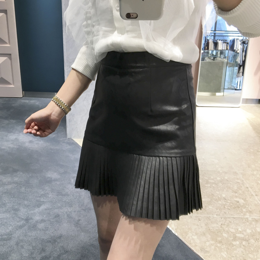 bace Pleat Leather Mini Skirt Autumn Leather Skirt
