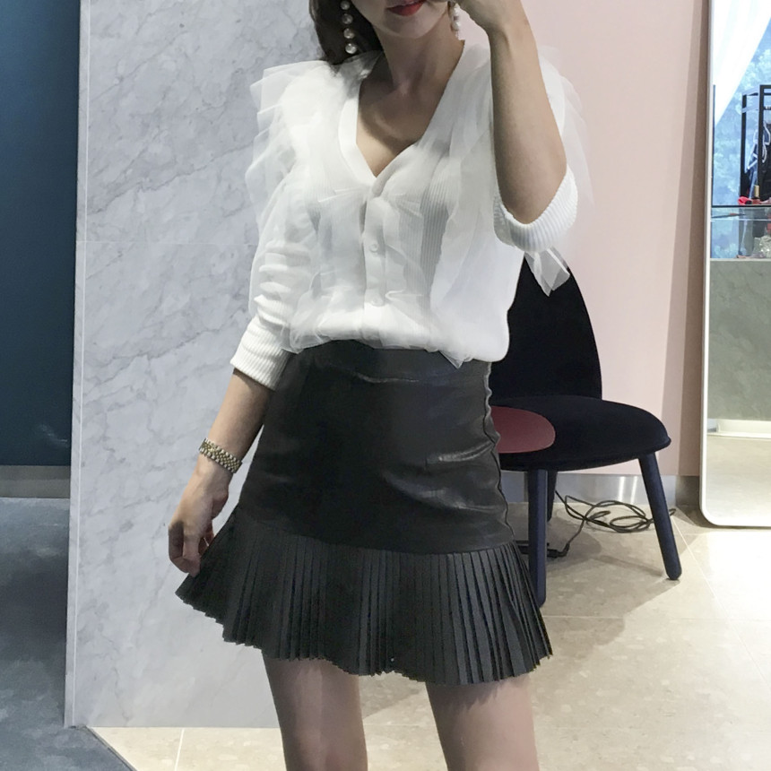 bace Pleat Leather Mini Skirt Autumn Leather Skirt