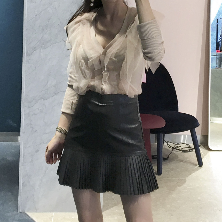 bace Pleat Leather Mini Skirt Autumn Leather Skirt