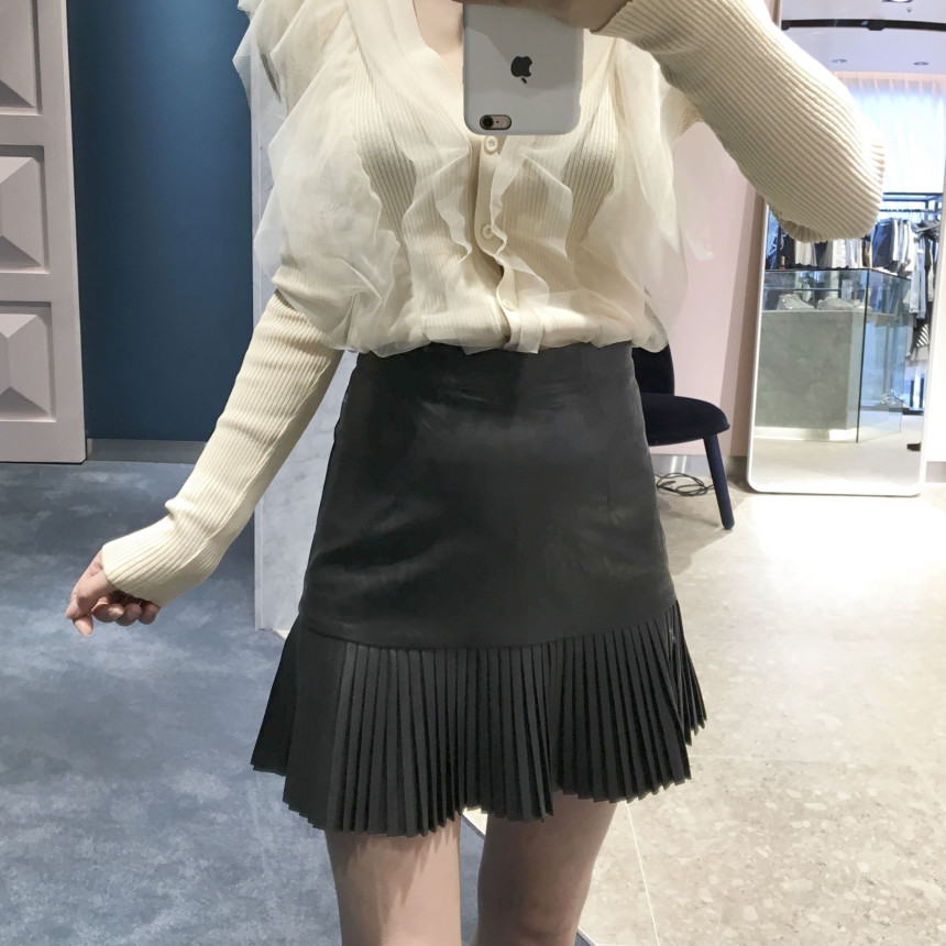 bace Pleat Leather Mini Skirt Autumn Leather Skirt