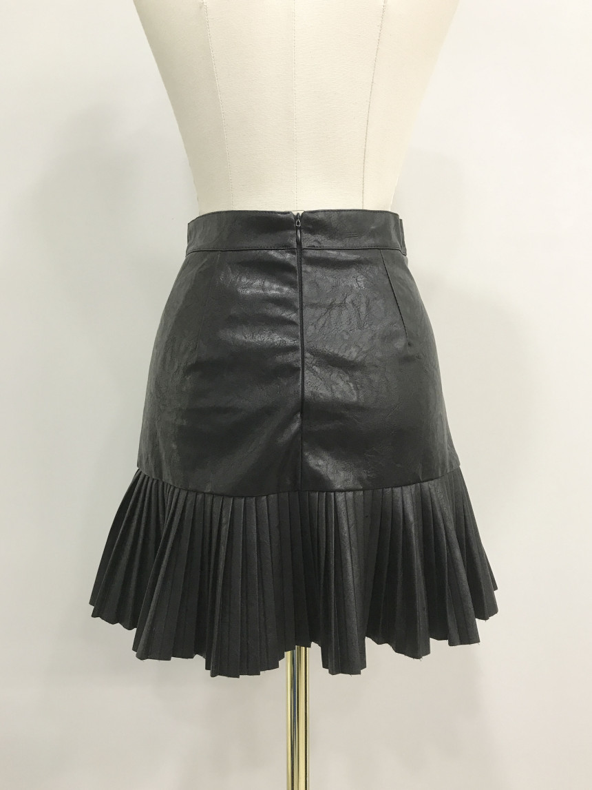 bace Pleat Leather Mini Skirt Autumn Leather Skirt