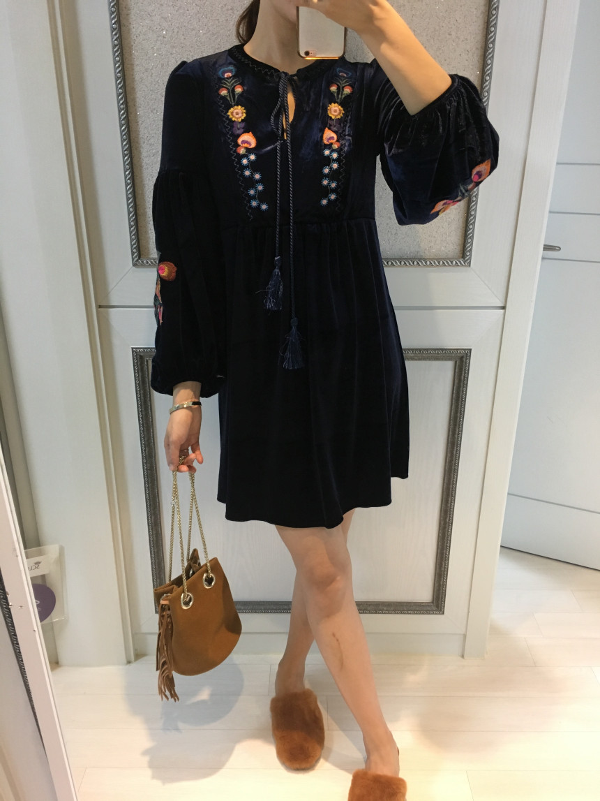 New Women Dress Velvet Flower Embroidery Balloon S