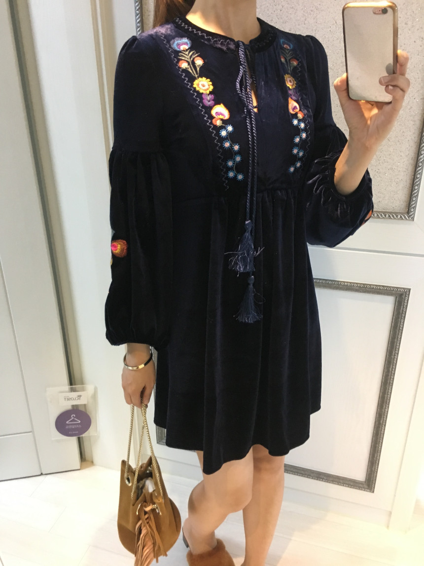 New Women Dress Velvet Flower Embroidery Balloon S