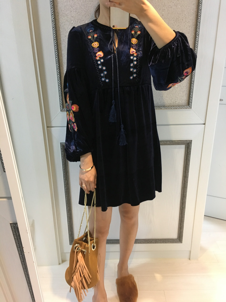 New Women Dress Velvet Flower Embroidery Balloon S