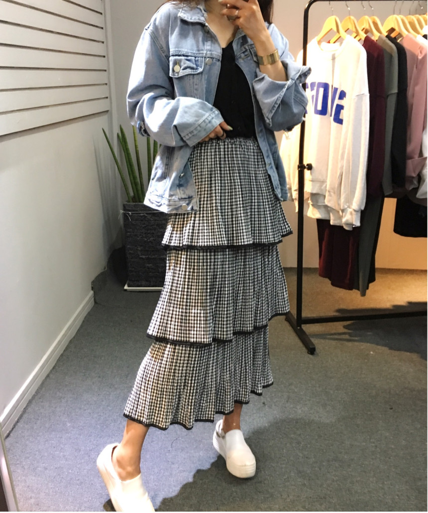 Check Kangan Pleated Long Skirt Long Skirt Autumn 