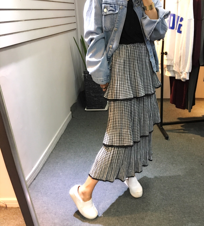Check Kangan Pleated Long Skirt Long Skirt Autumn 