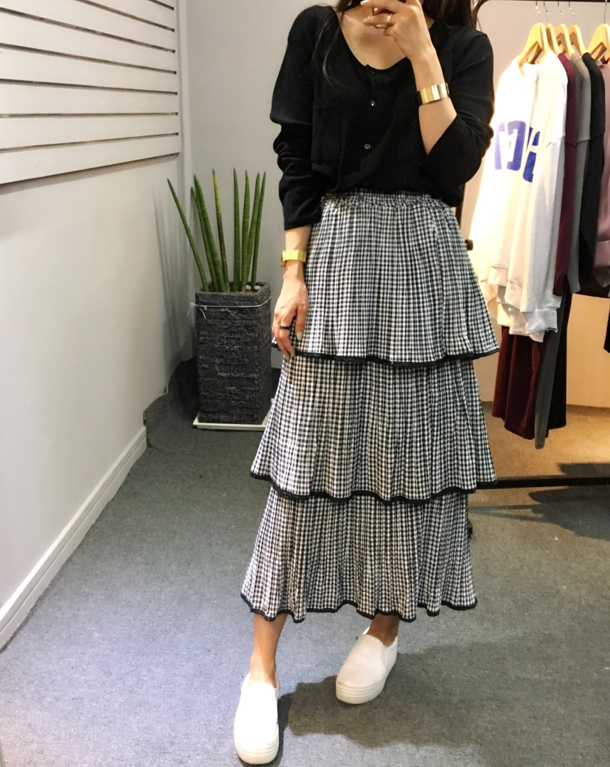 Check Kangan Pleated Long Skirt Long Skirt Autumn 