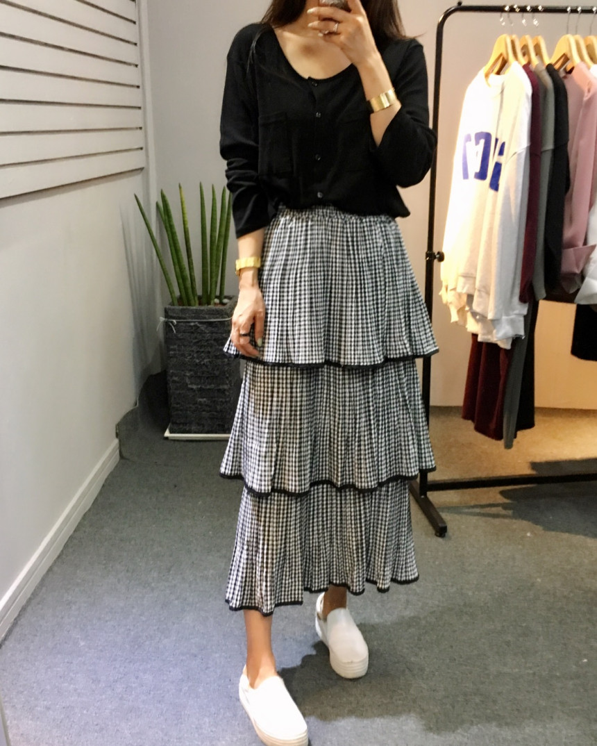 Check Kangan Pleated Long Skirt Long Skirt Autumn 