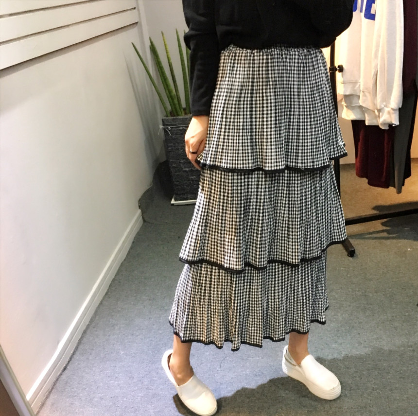 Check Kangan Pleated Long Skirt Long Skirt Autumn 