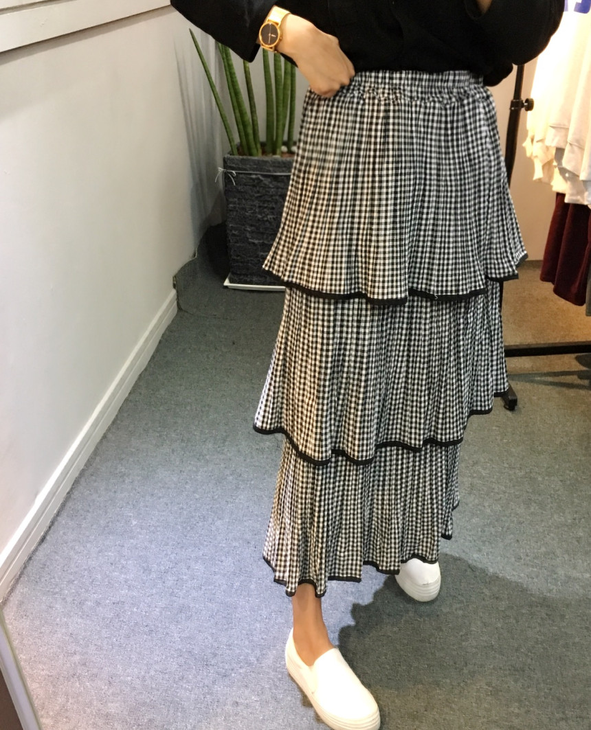 Check Kangan Pleated Long Skirt Long Skirt Autumn 