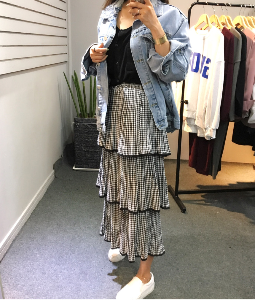 Check Kangan Pleated Long Skirt Long Skirt Autumn 