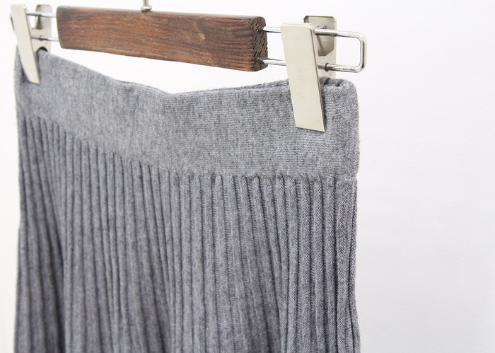 Knit Pleated Banding Flare Long Skirt Fall A-line 