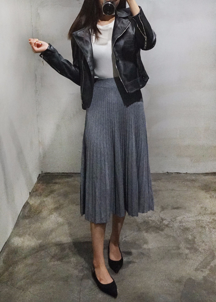 Knit Pleated Banding Flare Long Skirt Fall A-line 