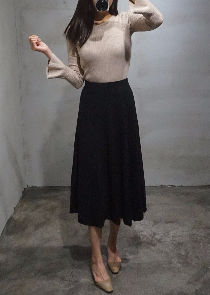 Knit Pleated Banding Flare Long Skirt Fall A-line 