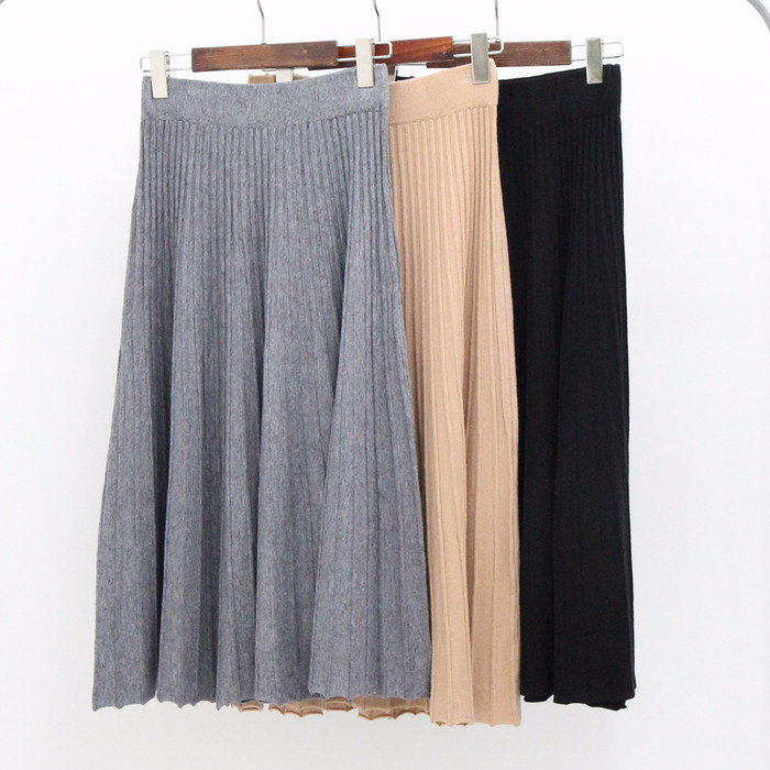 Knit Pleated Banding Flare Long Skirt Fall A-line 