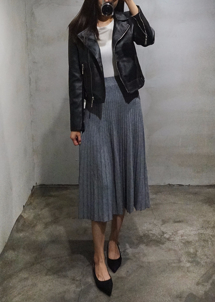 Knit Pleated Banding Flare Long Skirt Fall A-line 