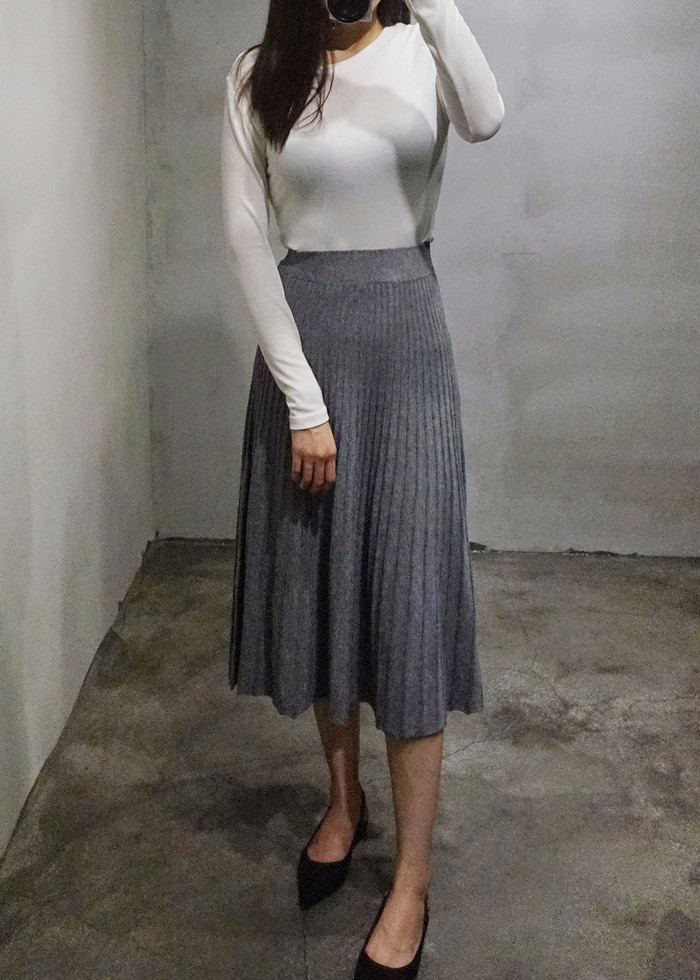 Knit Pleated Banding Flare Long Skirt Fall A-line 