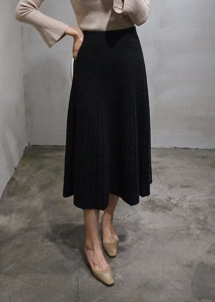 Knit Pleated Banding Flare Long Skirt Fall A-line 