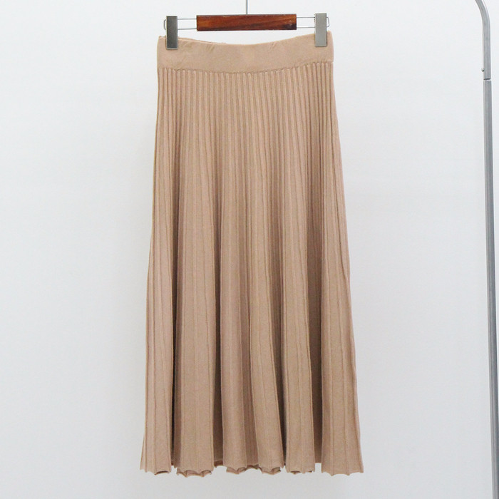 Knit Pleated Banding Flare Long Skirt Fall A-line 