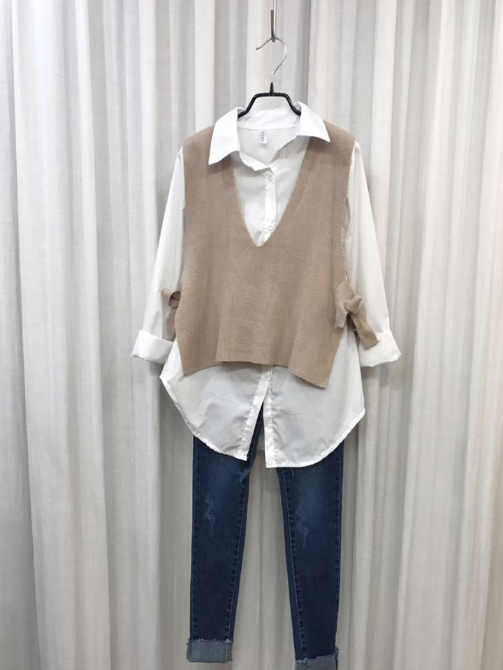 Shirt + Vest Ribbon Set White Coordinate Weekend 2