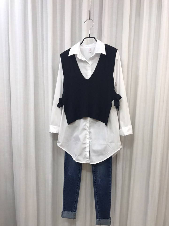 Shirt + Vest Ribbon Set White Coordinate Weekend 2