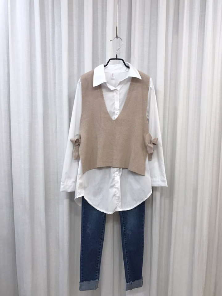 Shirt + Vest Ribbon Set White Coordinate Weekend 2