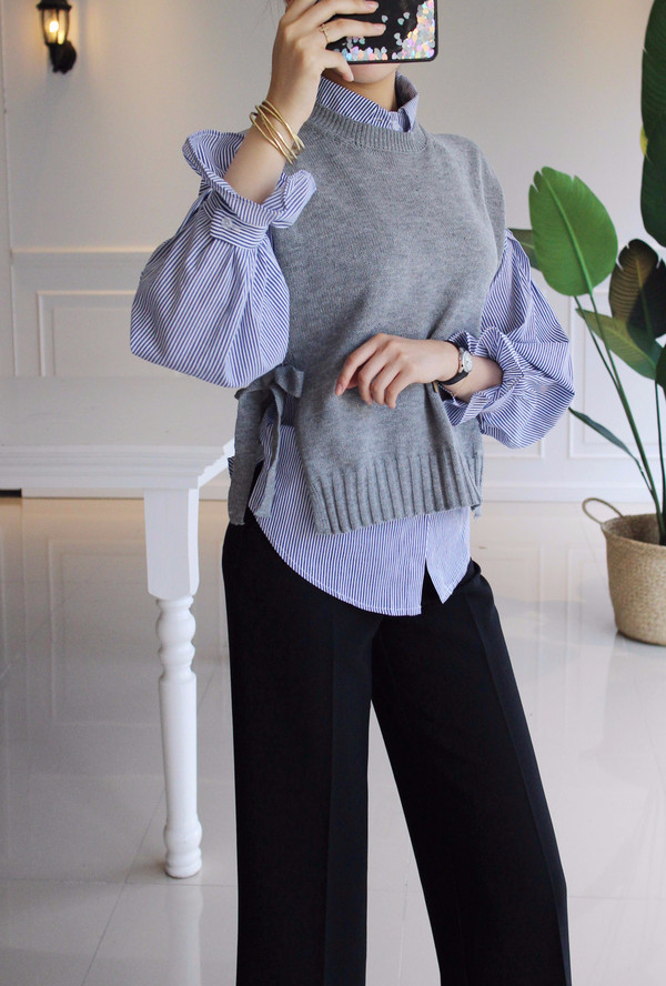 DW striped shirt knit vest set 170 fall blouse fri