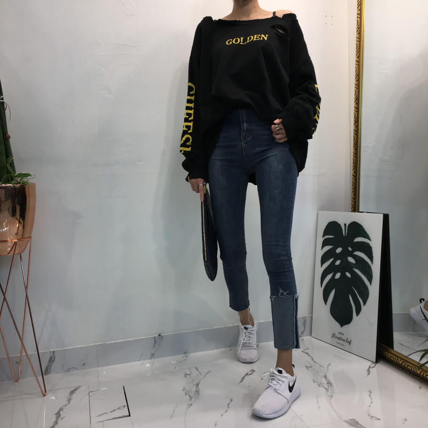 Women Jeans Pants Denim Uncut Roll-up Skinny Jean 