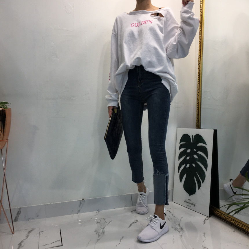 Women Jeans Pants Denim Uncut Roll-up Skinny Jean 