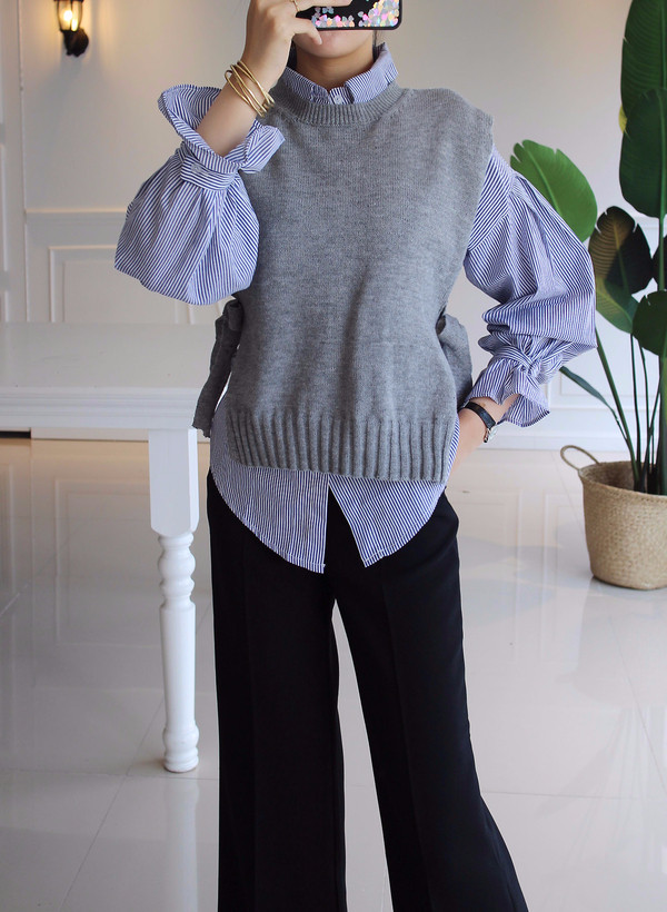 DW striped shirt knit vest set 170 fall blouse fri