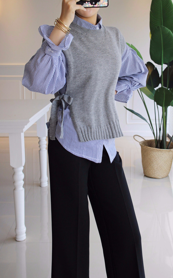DW striped shirt knit vest set 170 fall blouse fri