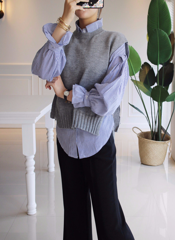 DW striped shirt knit vest set 170 fall blouse fri