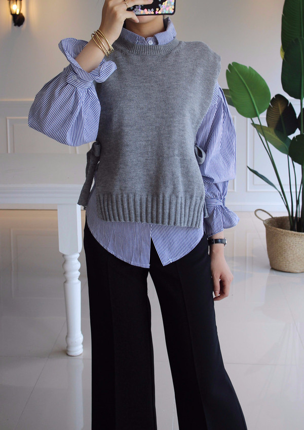 DW striped shirt knit vest set 170 fall blouse fri