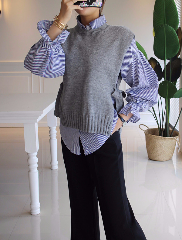 DW striped shirt knit vest set 170 fall blouse fri