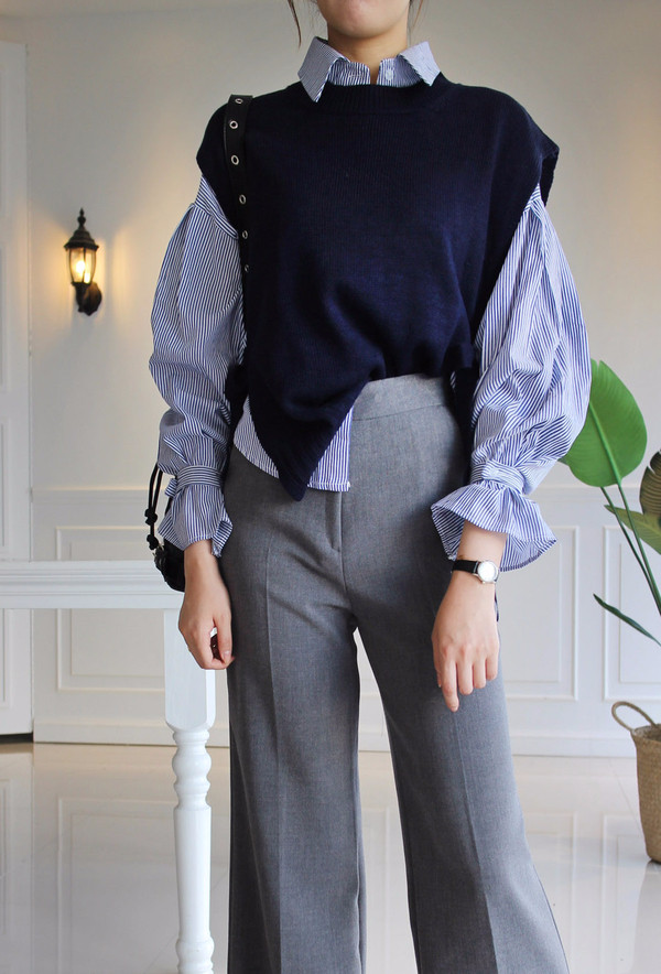 DW striped shirt knit vest set 170 fall blouse fri
