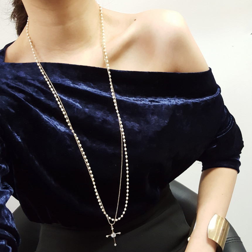 Cross long necklace Long necklace layered Long pea